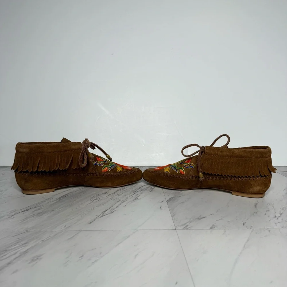 Tory Burch Huntington Fringe Embroidered Brown Suede Moccasins 6M